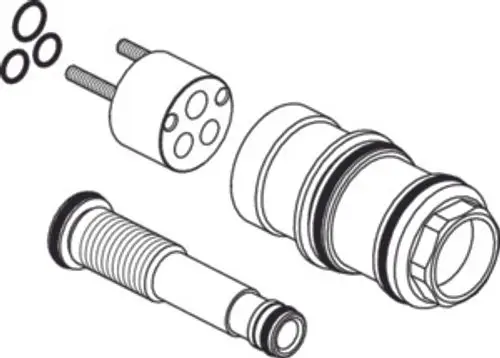 Ideal Standard Baukomponente, bestehend aus einer Verlängerung, einem Zylinder mit Aussparungen und mehreren Dichtungsringen. Klar konturiertes Design mit mehreren Elementen.